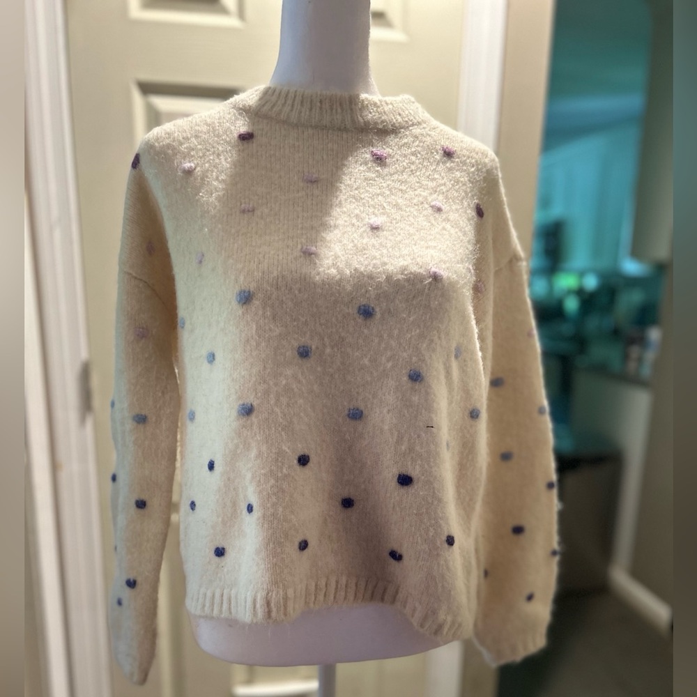 LOFT Cream Sweater with Blue and Purple Dots